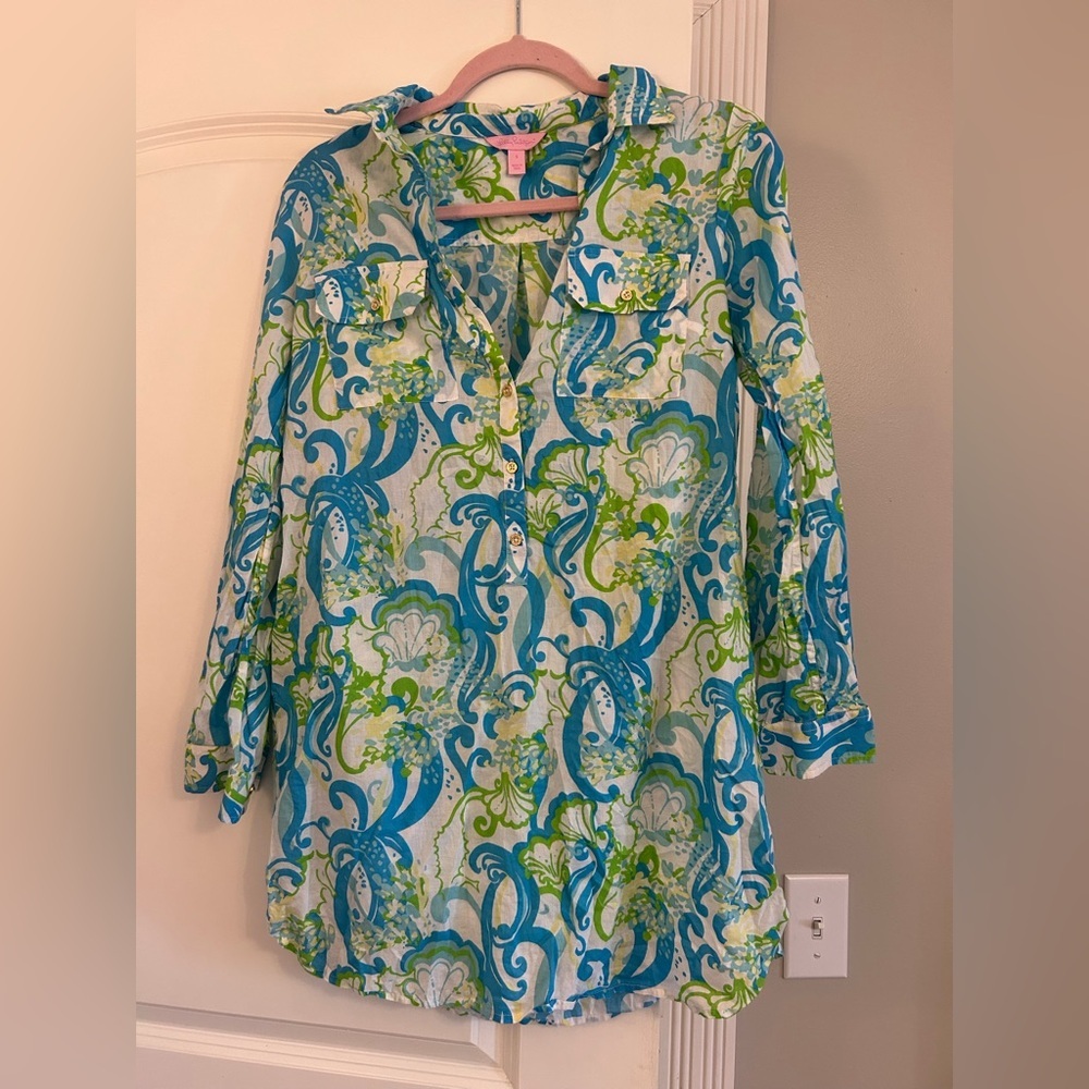Lilly Pulitzer Cover Up Blouse Crystal Coast Captiva Floral Top Size Small
